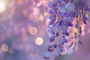 Wisteria Blooms with Nature Background. Cascading Flowers photo