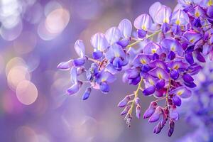 Wisteria Blooms with Nature Background. Cascading Flowers photo