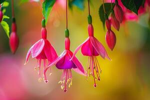 Hanging Fuchsia Flowers with Long Petals in a  Garden Background Nature photo