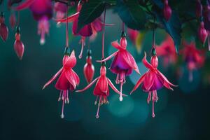Hanging Fuchsia Flowers with Long Petals in a  Garden Background Nature photo