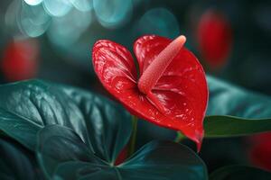 Red Anthurium Flower with Glossy Leaves in a  Tropical Background Nature photo