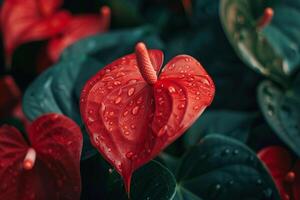 Red Anthurium Flower with Glossy Leaves in a  Tropical Background Nature photo