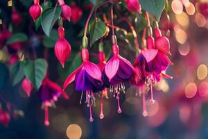 Hanging Fuchsia Flowers with Long Petals in a  Garden Background Nature photo