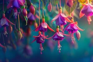 Hanging Fuchsia Flowers with Long Petals in a  Garden Background Nature photo