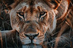 Nature Background of a Lioness Resting in the Savannah with a Serene Wildlife Setting photo