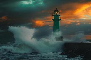 Nature Background of a Green Coastal Lighthouse Against a Stormy Sky photo