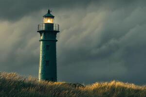 Nature Background of a Green Coastal Lighthouse Against a Stormy Sky photo