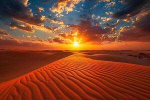 Sunset Over Desert Dunes with Dramatic Sky. Nature. Background photo