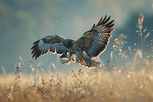 Hawk swooping down towards its prey in a grassland photo