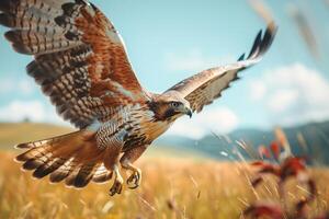 Hawk swooping down towards its prey in a grassland photo