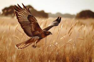 Hawk swooping down towards its prey in a grassland photo