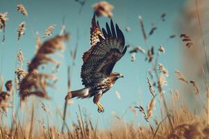 Hawk swooping down towards its prey in a grassland photo