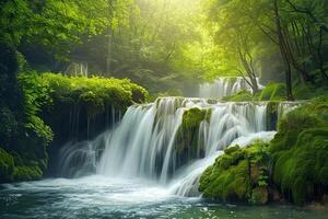 Cascading waterfall in a green forest background nature photo