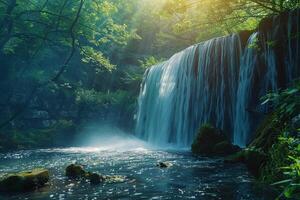Cascading waterfall in a green forest background nature photo