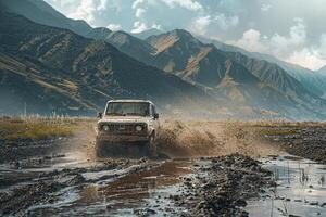Off road SUV crossing a muddy terrain. splashing mud. with mountains in the background photo
