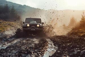 Off road vehicle driving through a muddy trail. splashing mud background nature photo