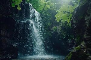 Cascading waterfall in a green forest background nature photo