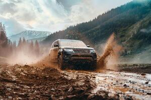 Off road SUV crossing a muddy terrain. splashing mud. with mountains in the background photo