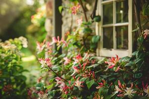 Honeysuckle Flowers in a Cottage Garden with Vintage Setting Nature Background photo