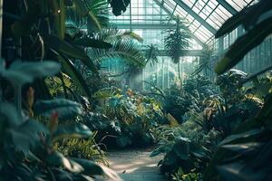 Green Botanical Conservatory Filled with Exotic Plants Nature Background photo