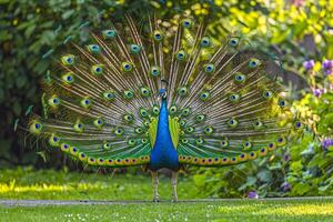 Peacock Displaying Its Feathers in a Garden. Nature Background photo