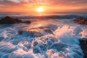 Serene Coastal Sunrise with Waves Crashing on Rocks. Nature Background photo