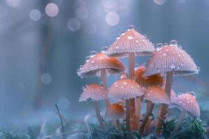 Mushrooms with Dew Drops in a Misty Forest. Nature Background photo