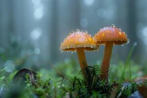 Mushrooms with Dew Drops in a Misty Forest. Nature Background photo
