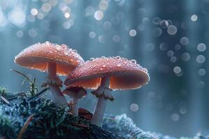 Mushrooms with Dew Drops in a Misty Forest. Nature Background photo