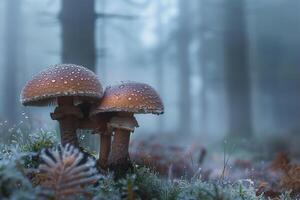 Mushrooms with Dew Drops in a Misty Forest. Nature Background photo