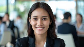 Portrait of Asian confident businesswoman in a modern office setting. Professional smiling at the camera photo
