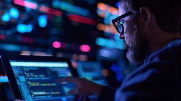 Programmer coding on a computer screen in a dark room, showcasing a modern software development environment. photo