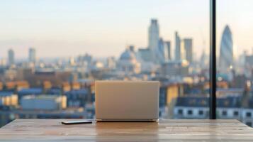 Modern office workspace with laptop on a wooden desk overlooking a bright, urban cityscape through glass windows. photo