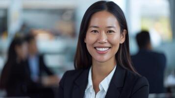Portrait of Asian confident businesswoman in a modern office setting. Professional smiling at the camera photo