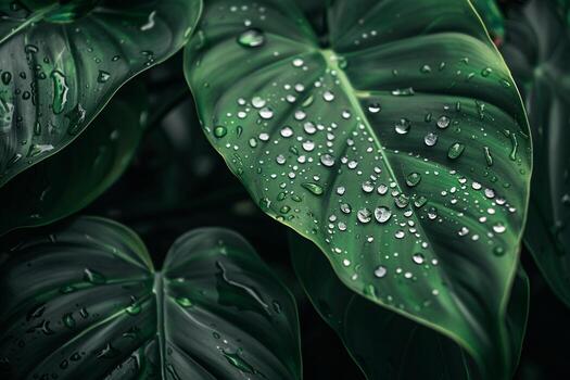 Nature Background of Water Droplets on Philodendron Leaf. Fresh and . Botanical . Natures Details photo