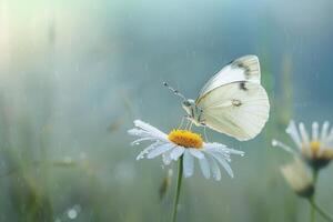 Cabbage White Butterfly Perched on a Single Daisy with Soft Morning Dew Nature Background photo