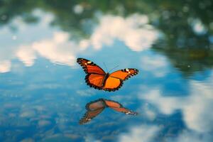 Motiona Julia Longwing Butterfly Fluttering Gracefully Over a Serene Lake with Reflections of Blue Sky and Clouds on the Waters Surface Nature Background photo