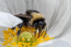Nature Background of a Bee Collecting Pollen from a  White Flower Background Nature photo