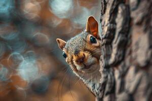 Nature Background of a Curious Squirrel Peeking Out from Behind a Tree Trunk in a Woodland Background Nature photo