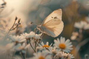 Nature Background of a Delicate Butterfly Feeding on the Nectar of a White Wildflower Background Nature photo