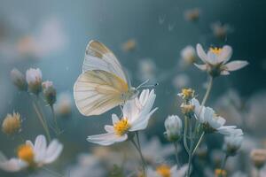 Nature Background of a Delicate Butterfly Feeding on the Nectar of a White Wildflower Background Nature photo