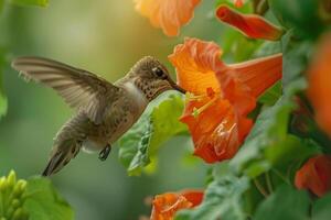 Nature Background of a Hummingbird Sipping Nectar from a  Orange Trumpet Vine Background Nature photo