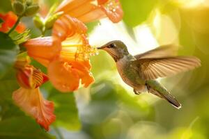 Nature Background of a Hummingbird Sipping Nectar from a  Orange Trumpet Vine Background Nature photo