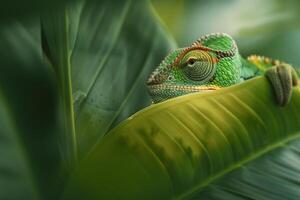 Nature Background of a Chameleon Blending into a  Green Leaf Background Nature photo