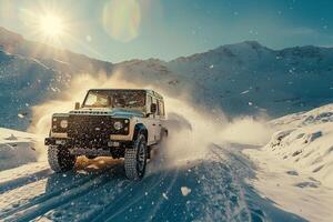 SUV driving on a snowcovered mountain road. snow flying off the tires. background. Nature photo
