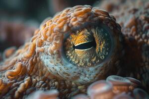 Nature background of an octopus eye. with a mix of intelligence and curiosity in its gaze. background. Nature photo