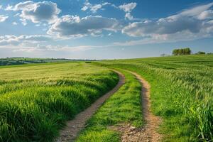 Green Fields with a Winding Path Background Nature photo