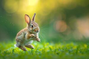 Rabbit Hopping Through a Meadow with Nature Background and Spring Colors photo