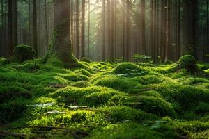 Moss Covered Forest Floor with Sunlight Filtering Through Background Nature photo