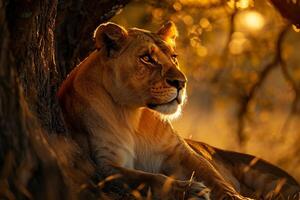 Majestic Lioness Resting Under a Tree photo